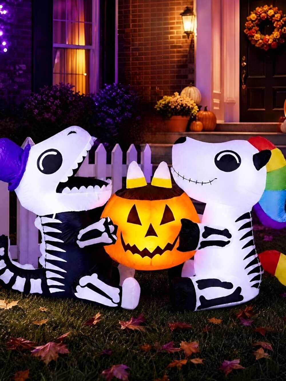 6 FT Halloween Inflatable Sitting Skeleton Dinosaur with Pumpkin